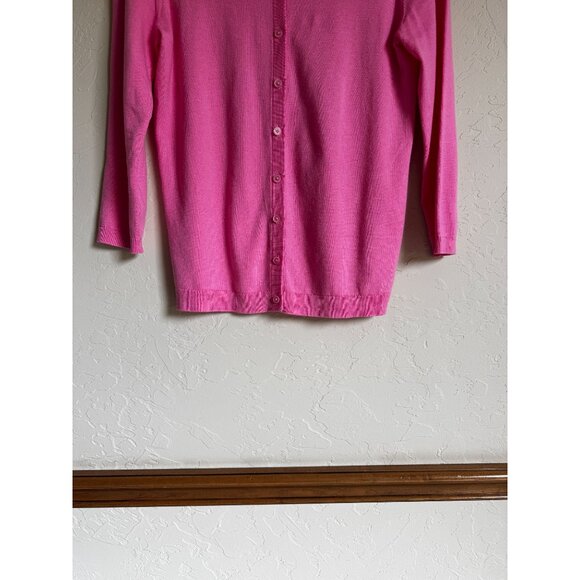 Talbots Size Small Bubblegum Barbie Pink Cotton Blend 3/4 Sleeve Classic Cardiga - Picture 5 of 10